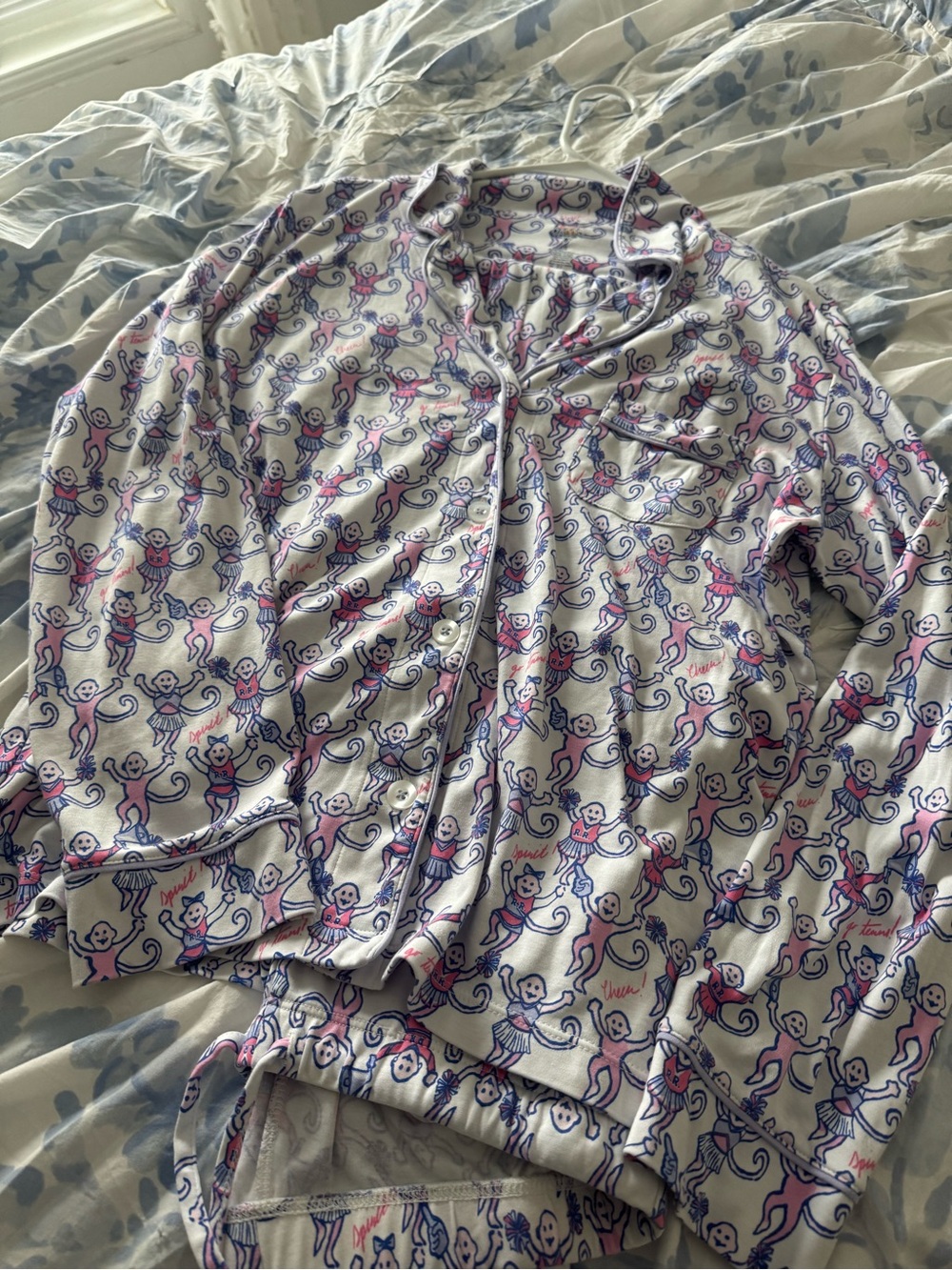 Roller Rabbit White Pajama Top with Pink & Blue Monkey Print